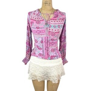 Boho Patchwork Peasant Blouse‎ Floral Tassel Tie Sz S Hippie Coastal Coquette